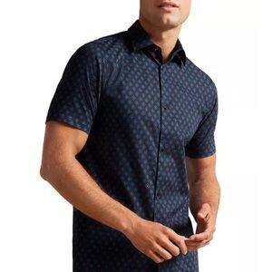 Ted Baker Yannic Geo Print Short Sleeve 100% Cotton Button-up Shirt, Navy, Sz 3